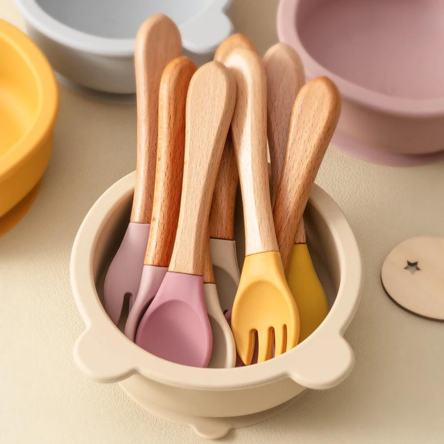 Ensemble d'ustensiles cuillères d'apprentissage pour bébé, 2 pièces, manche en bois de qualité alime