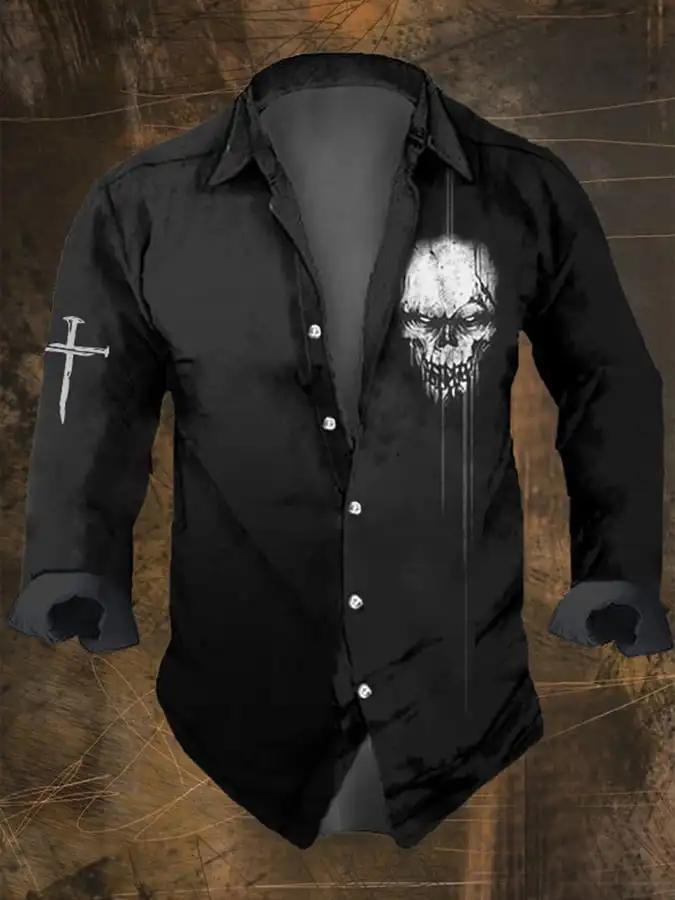 Chemise à manches longues pour hommes, Vintage, imprimé crâne foncé, fête d'halloween, imprimé tête
