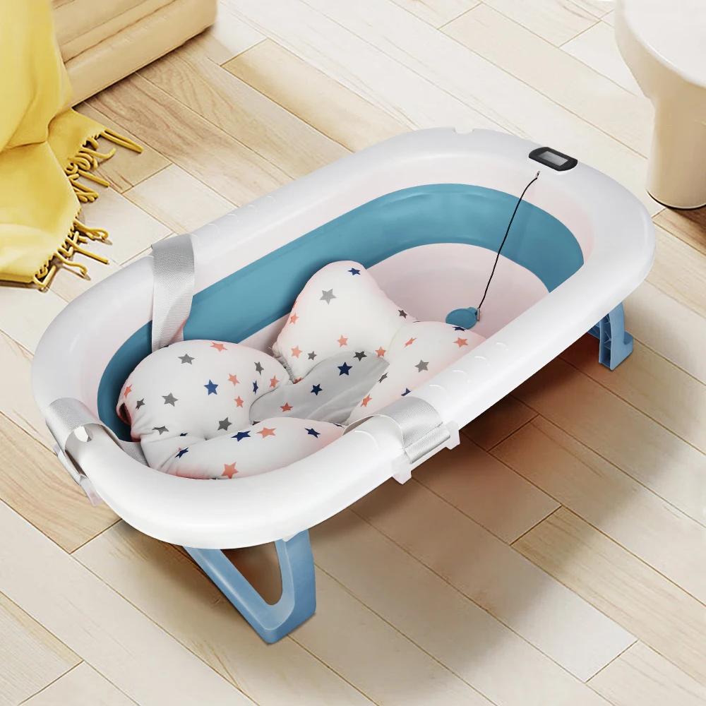 Baignoire Bébé Pliable, Avec Thermometre Digital, Coussin De Bain, Compacte Portable, Rose/Gris/Bleu