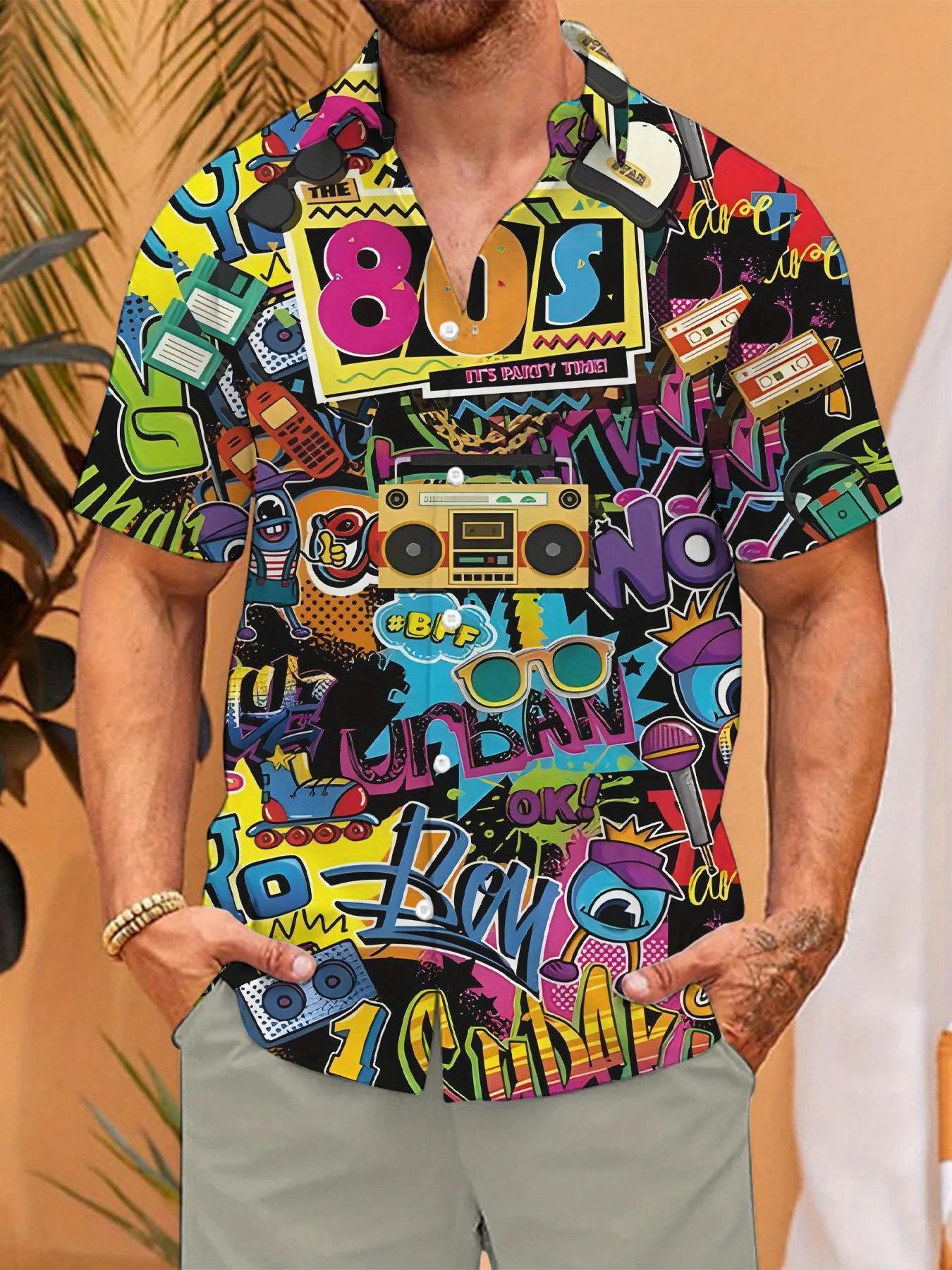 Chemise homme manches courtes 80s rétro imprimé chemise boutonnée chemise de plage d'été chemise de