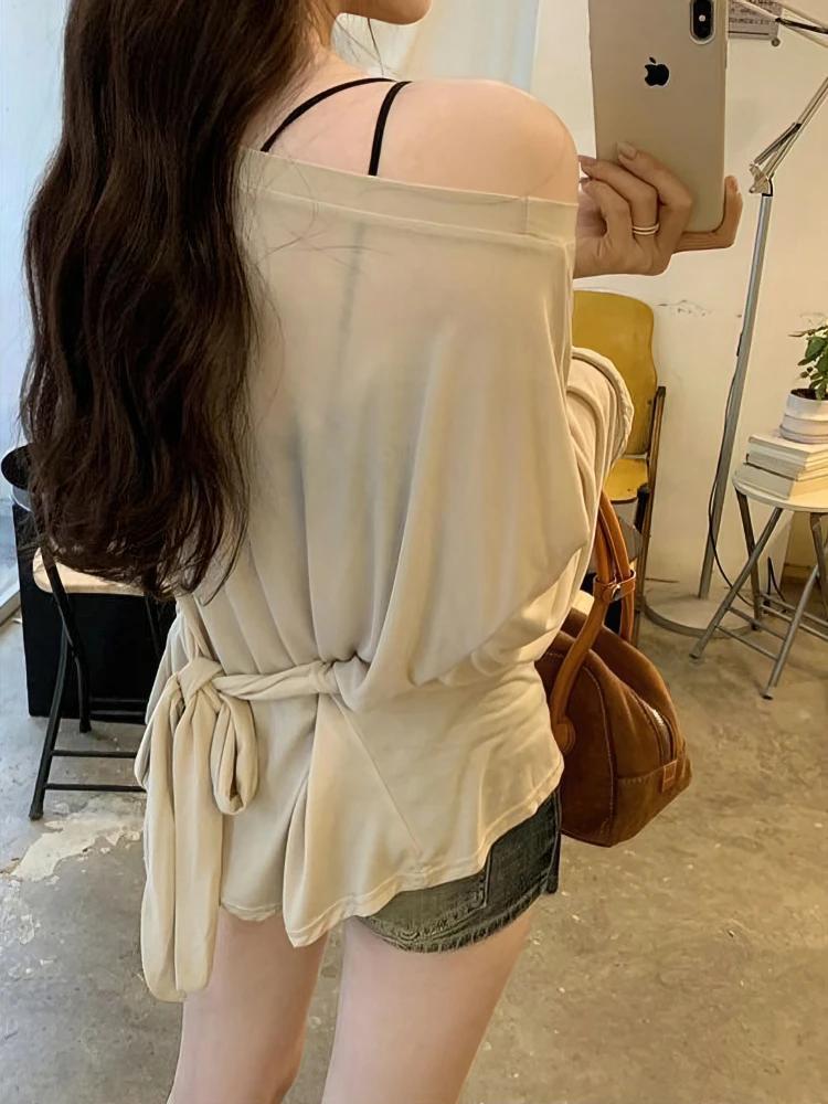 Voir à travers la manches longues surdimensionné t-shirt femmes Sexy dos pansement épaules nues haut