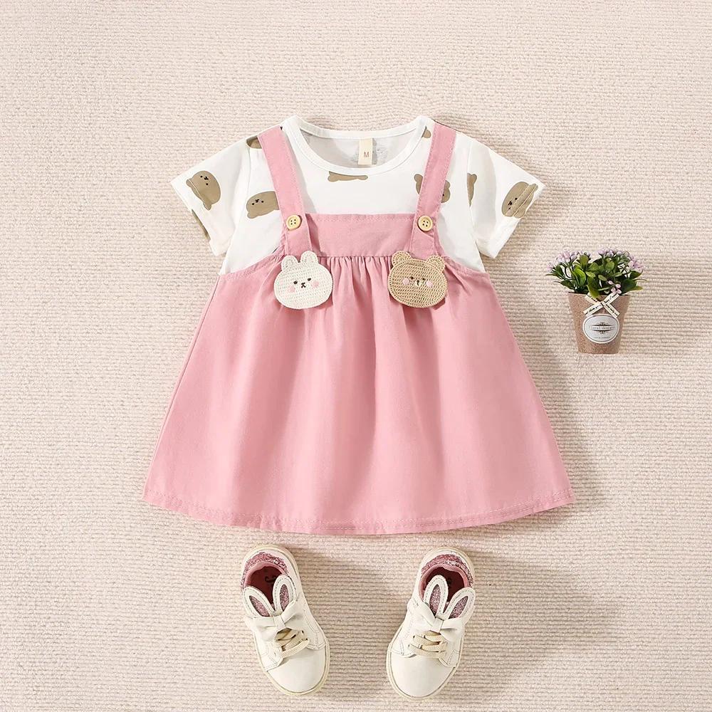 Robe d'été en coton pour petites filles, imprimé ours en peluche, manches courtes, fausse robe à bre