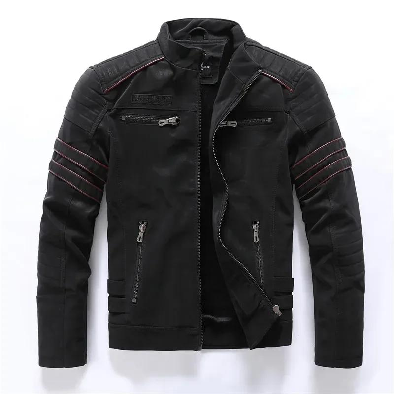 Vintage polaire veste en cuir hiver hommes marque moto PU chaud multi-poches en cuir manteau mâle fe