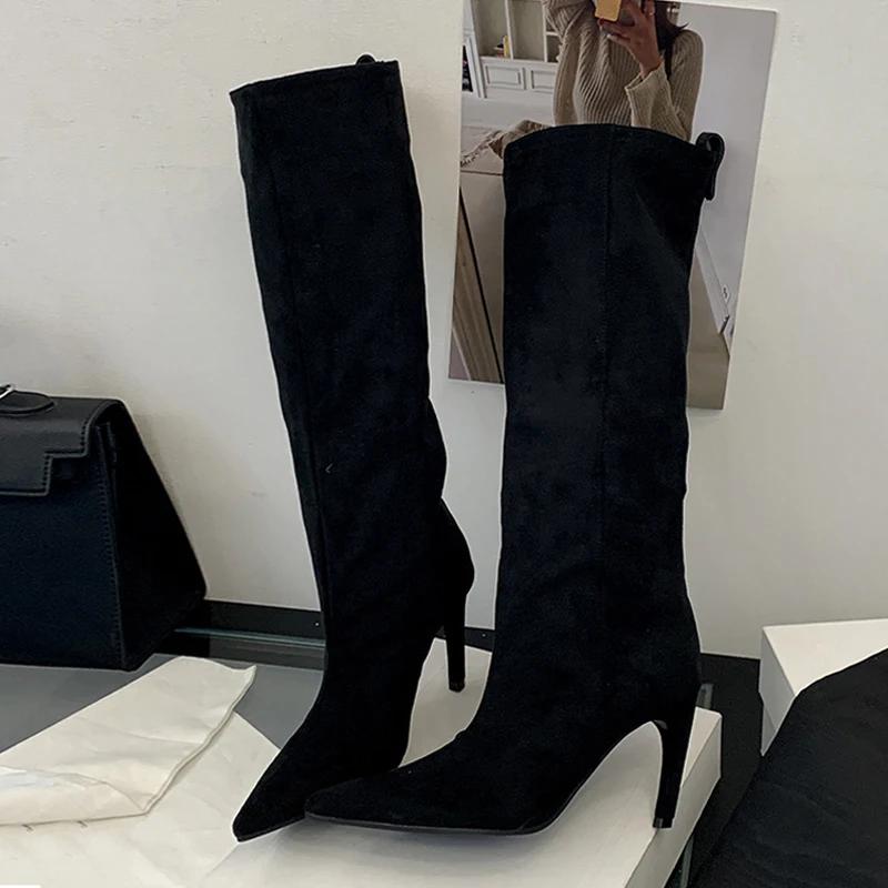 Liyke automne hiver mode mince genou bottes hautes femmes Sexy bout pointu bas talon mince chaussure