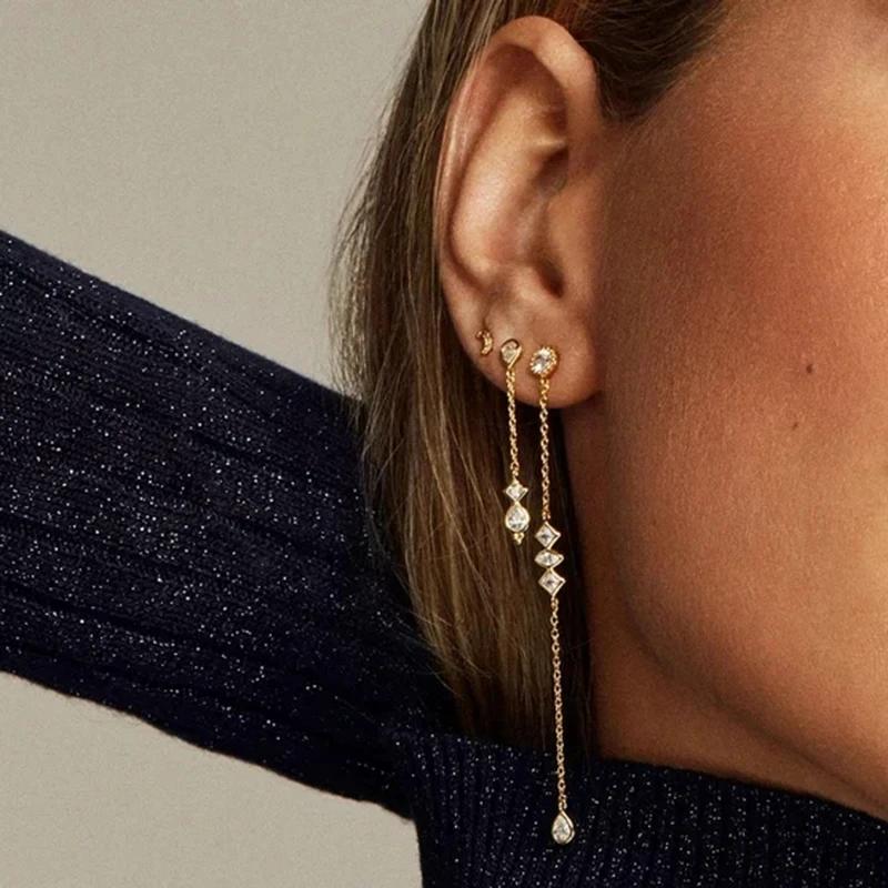 Aide Boucle d'Oreille à Pampilles en Argent Sterling, Longue Chaîne, Goutte d'Eau, Zircon Étoilé Bri