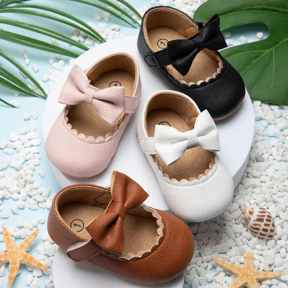 Chaussures de marche rétro pour nouveau-né, chaussures de princesse avec nœud de couleur unie, antid