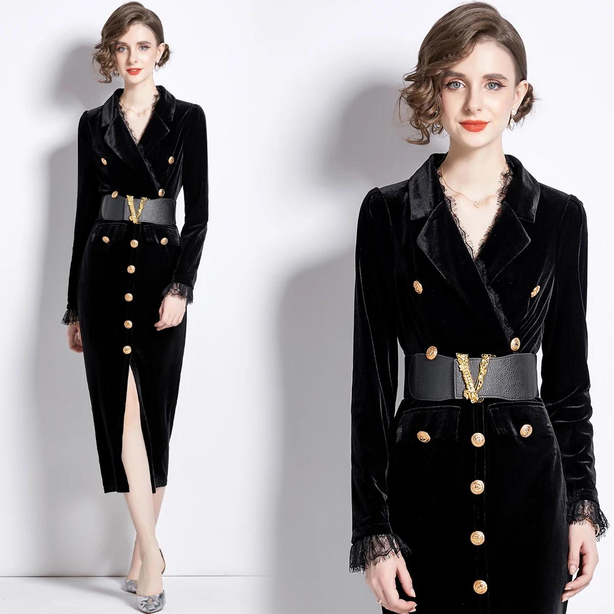 Robe en velours pour femmes, élégante, col en v, manches longues, mode, boutons moyens, gaine fendue