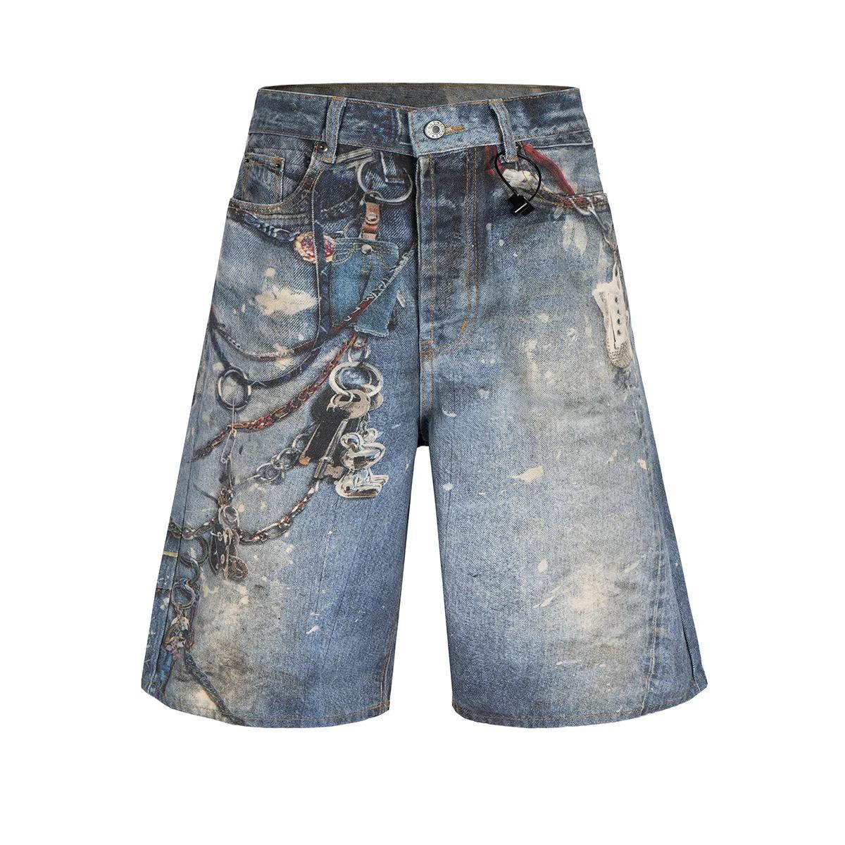 Shorts en jean baggy patchwork imprimé 3D pour hommes, style streetwear, nouvelle collection été, co