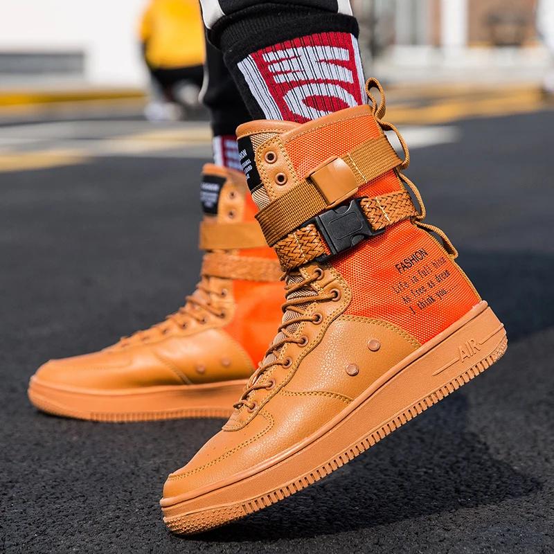 Style Punk Orange bottes hautes Couple Streetwear boucle sangle Designers chaussures hommes chaussur