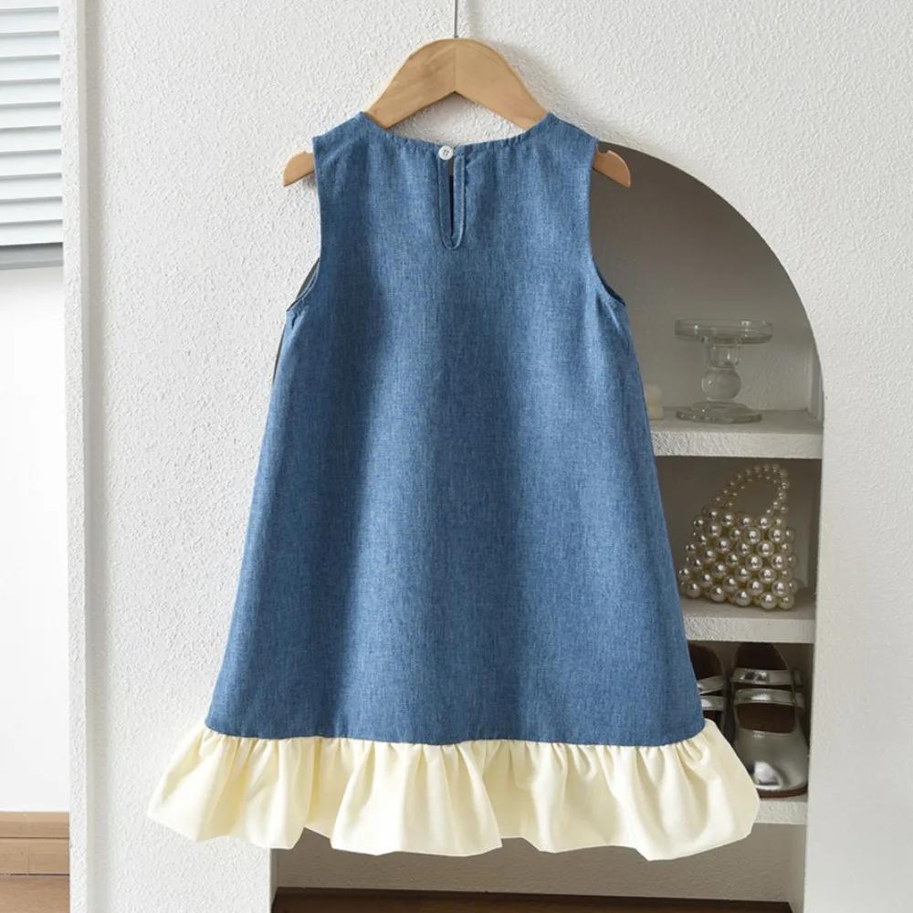 Nouvelle Robe Princesse d'Été Bleue Décontractée pour Filles, Col Rond, Sans Manches, avec Nœud et D