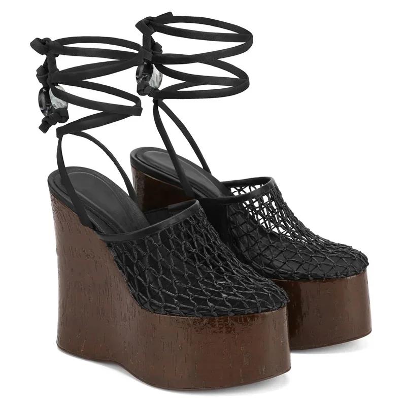 Plate-forme grille croix liée sandales Sexy ronde Slingback ceinture boucle nouveautés mode femmes c