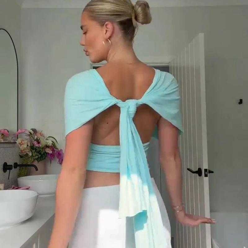 Débardeur sexy dos nu à col licou pour femme, coupe ajustée, à fines bretelles, élastique, col en V,