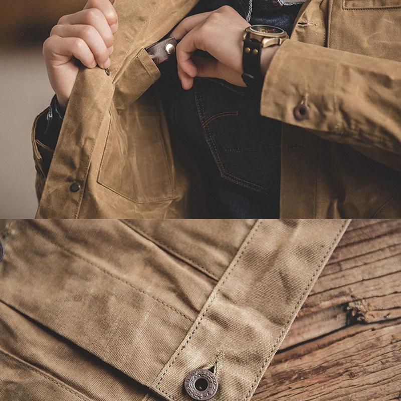 Maden Vintage hommes toile huile cire vestes kaki multi-poches revers col simple boutonnage veste co