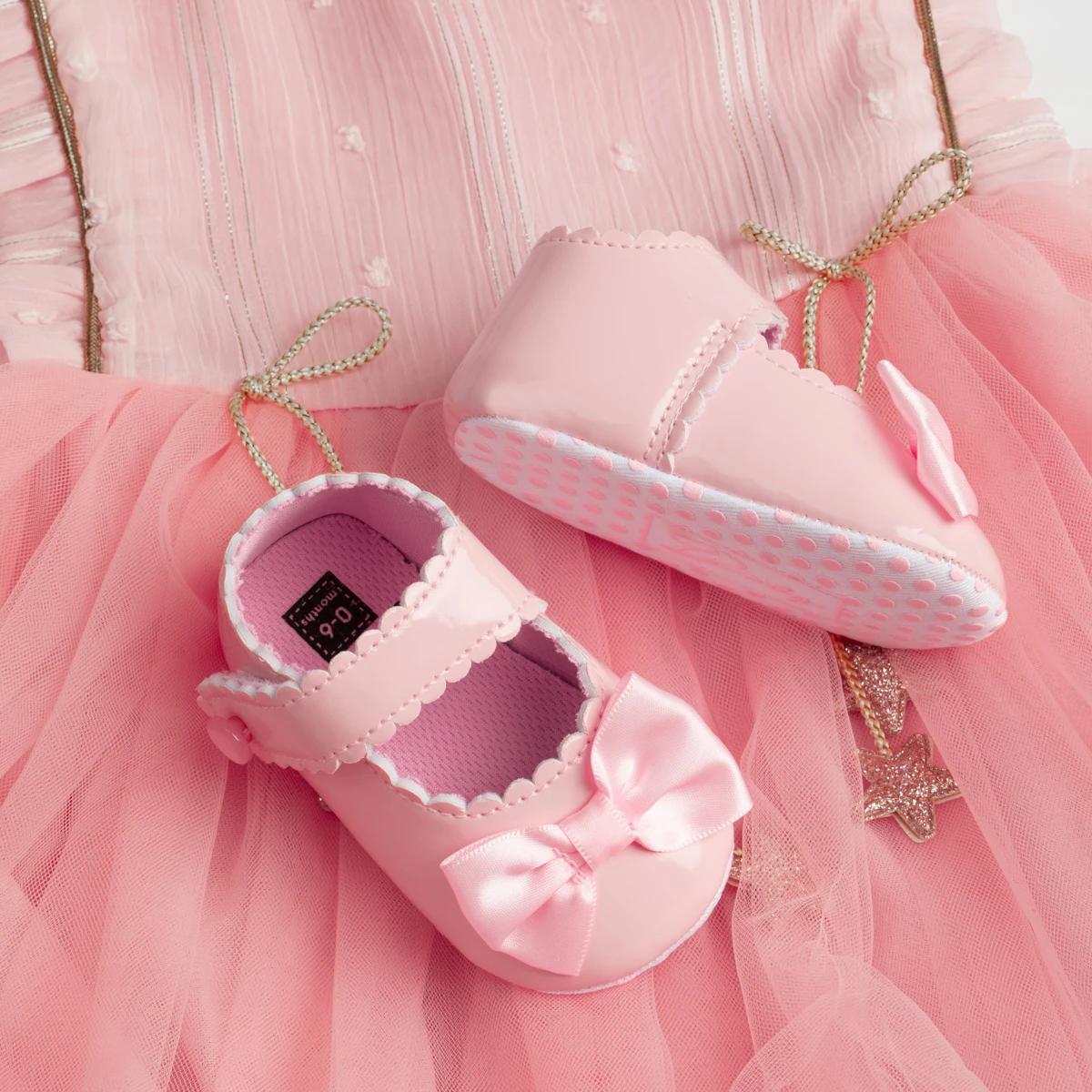 Meckior classique en cuir PU fille bébé chaussures nœud princesse plat antidérapant coton bas marche