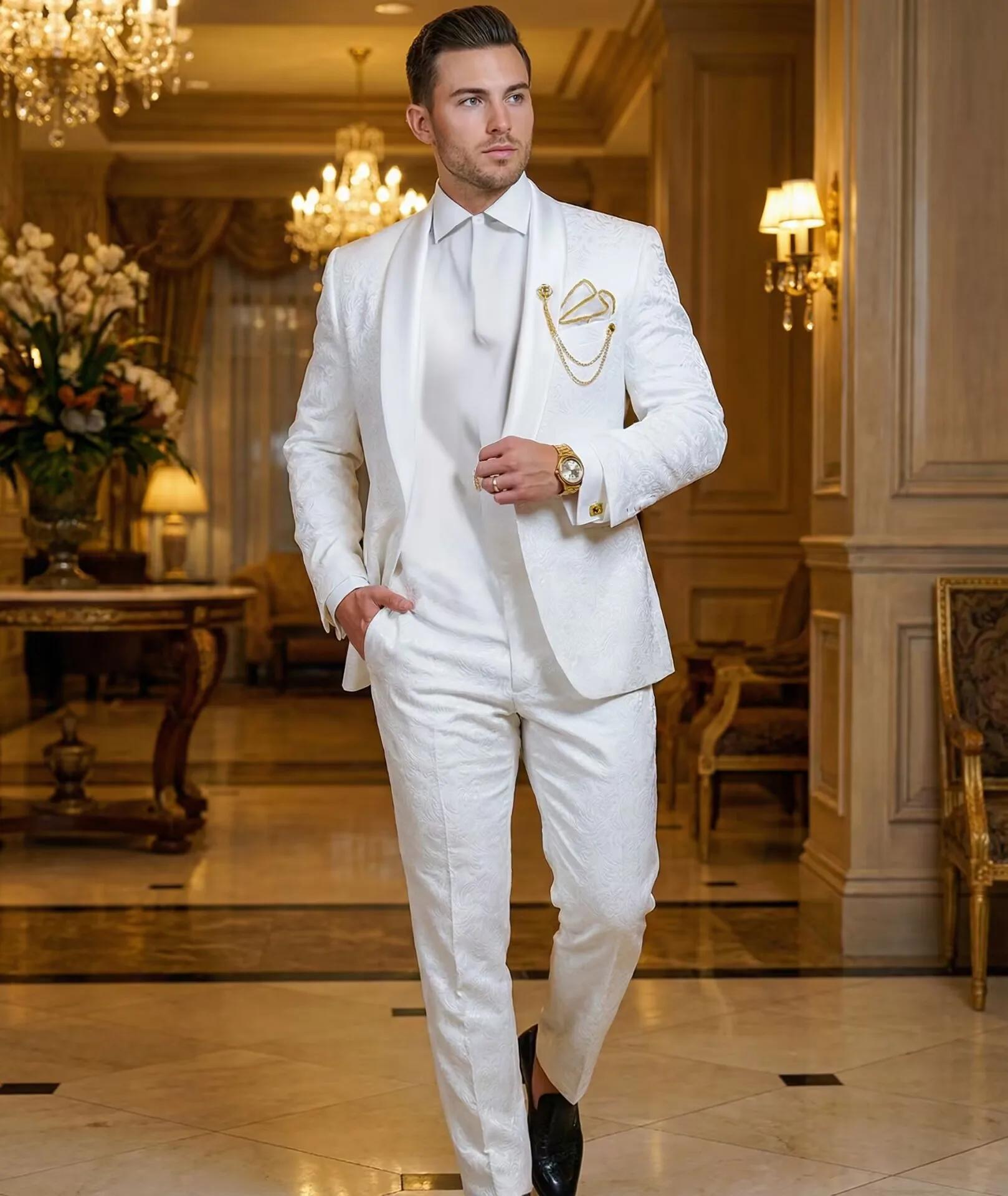 Smokings de marié blancs à motif, revers en satin, costumes pour hommes 2 pièces, mariage, marié
