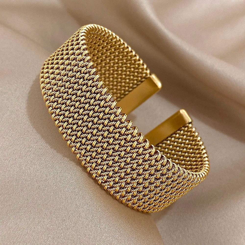 Bracelets manchette doré tissés Vintage pour femmes, élégants, tendance, en acier inoxydable, épais,