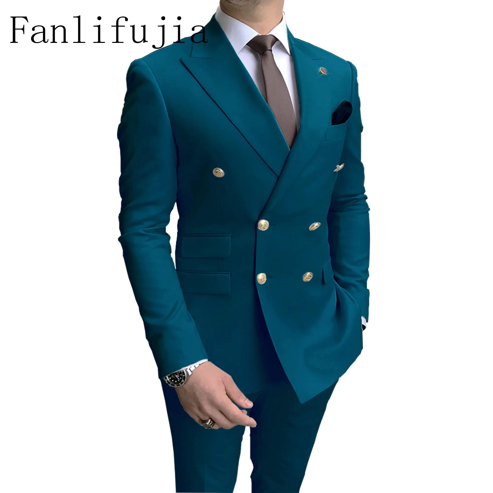 Fanlifujia-Costumes décontractés bleu ciel pour hommes, revers Patricia à double boutonnage, bouton