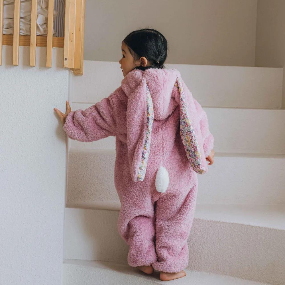 Barboteuse printemps bébé unisexe peluche - Combinaison pyjama capuche vêtement maison nouveau-né