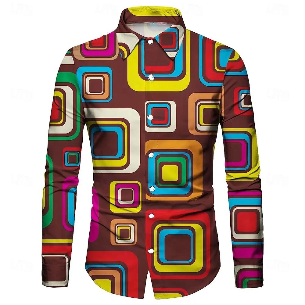 Chemise à manches longues pour hommes, forme géométrique irrégulière 3D imprimée, tissu polyester pe