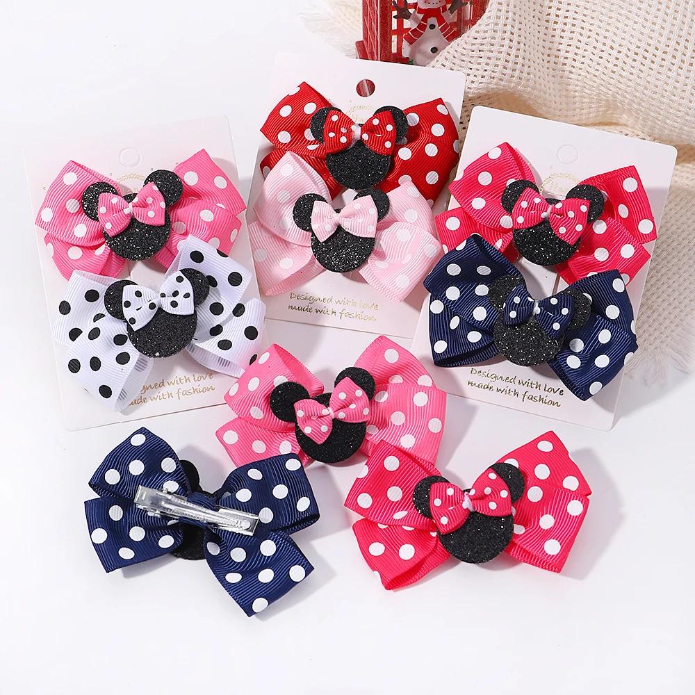 Pinces à cheveux avec nœud à pois pour filles, 2 pièces/ensemble, épingles à cheveux de dessin animé