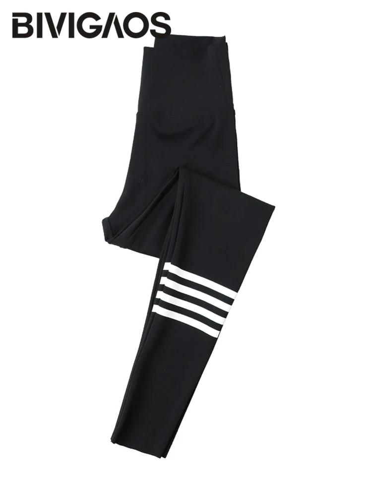 BIVIIncome OS-Leggings slim taille haute en peau de requin à quatre rayures pour femme, pantalon de