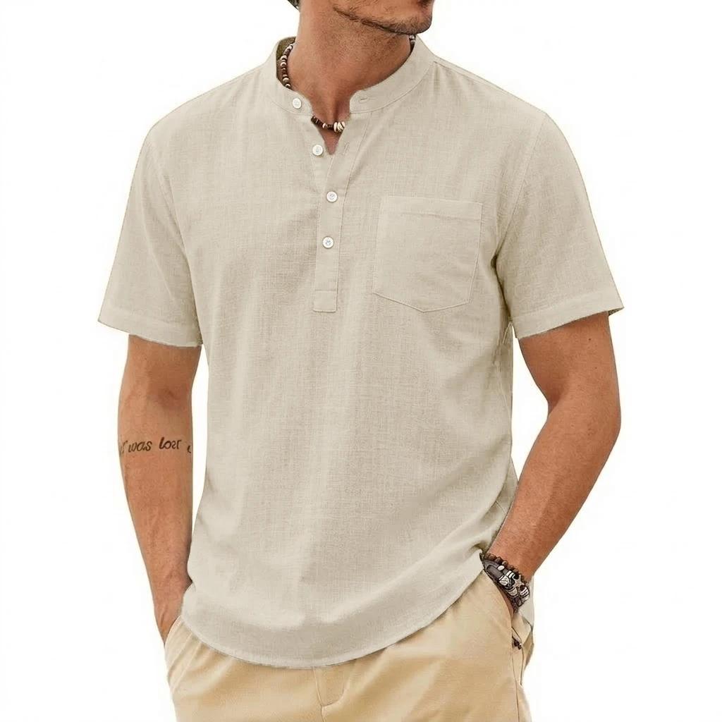 Chemise d'été décontractée pour homme à manches courtes, en lin de luxe uni, tendance, respirante, a