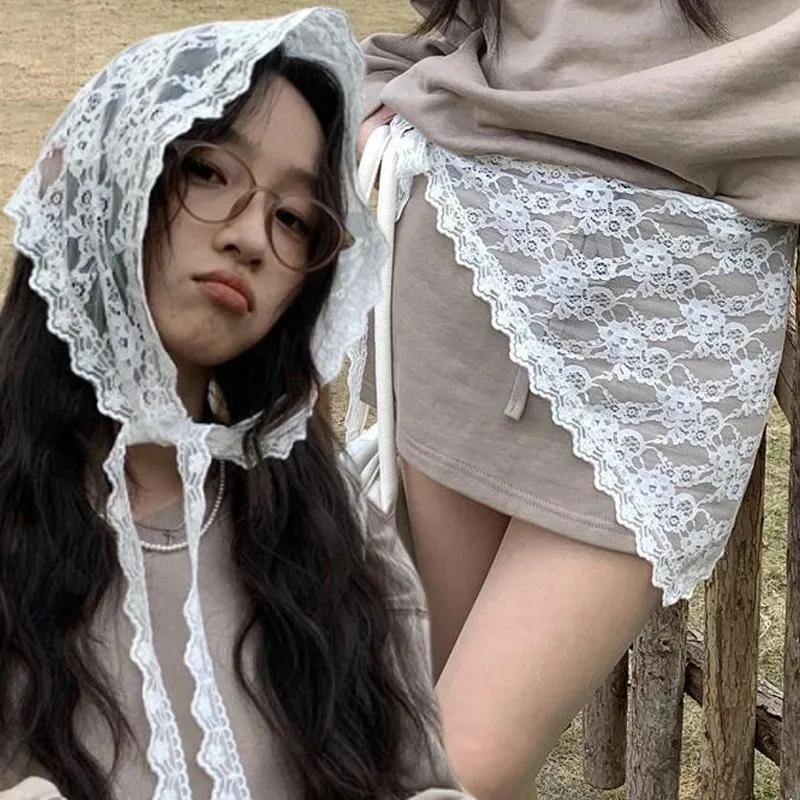 Femmes coréennes dentelle Triangle une pièce ceinturée chevauchement foulard jupe en dentelle tablie