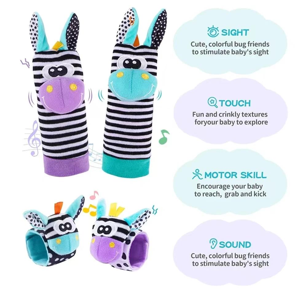 Hochet pour bébé de 0 à 24 mois, 4 pièces, animaux en peluche mignons, hochet de poignet, chaussette