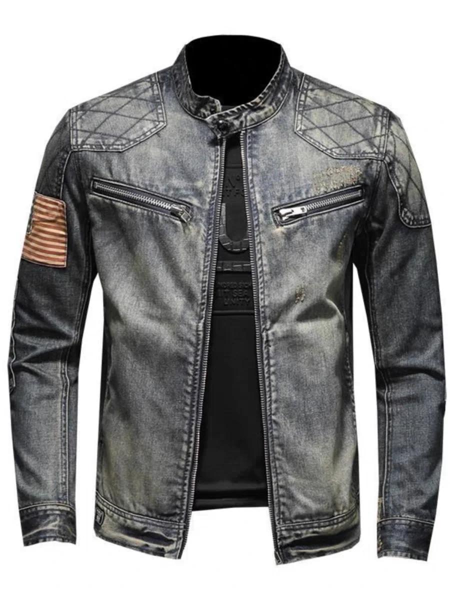 Veste en jean à glissière pour hommes, vêtements de motard à la mode, mode rétro décontractée, équit