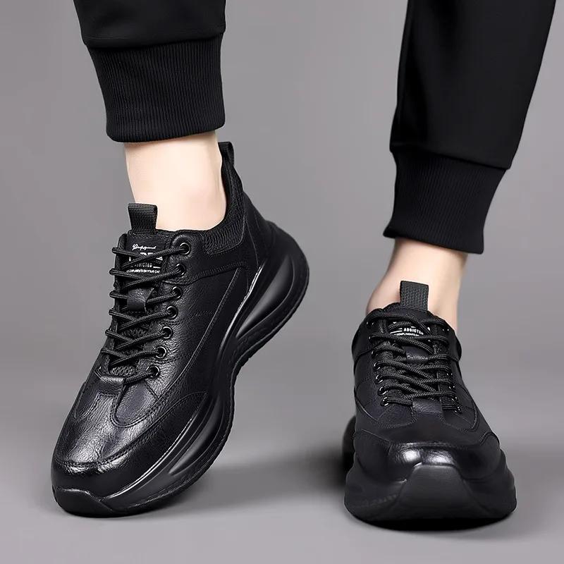 Chaussures décontractées en cuir pour hommes, baskets tendance à semelle épaisse, chaussures de marc