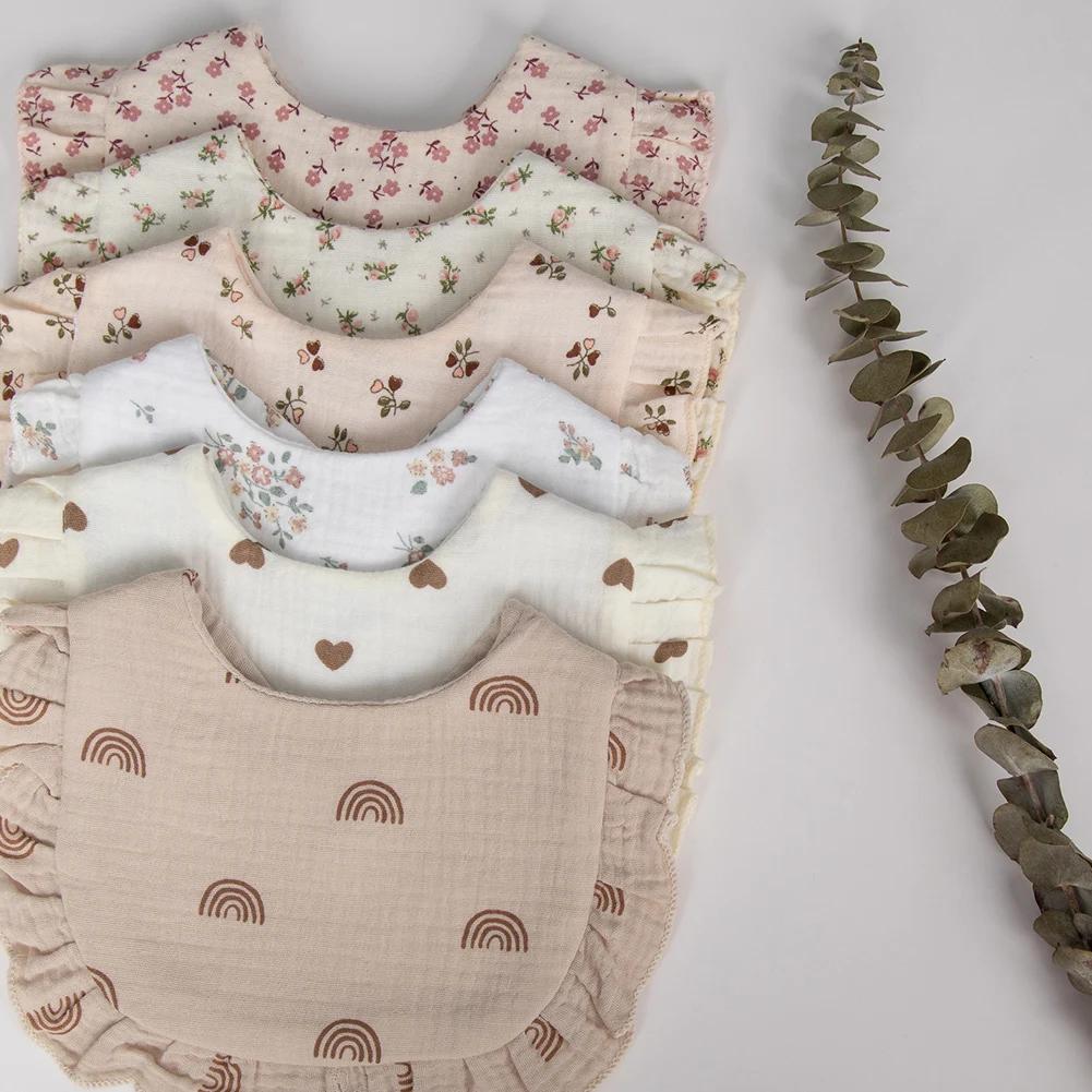 Bavoirs pour bébé imprimés de fleurs, serviette de salive réglable, bord à volants, mousseline de co