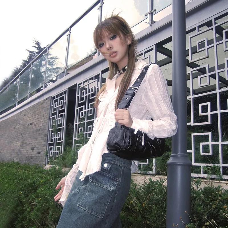 Chemise plissée à col en V Fairycore, chemisier à lacets, esthétique, Trash, style japonais irréguli