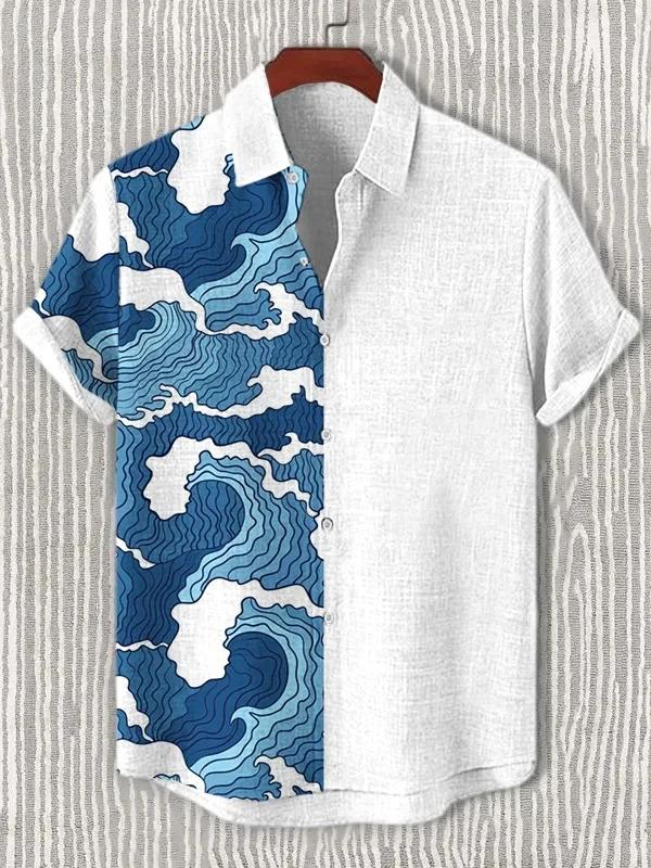 Ukiyoe Wave Print Men's Hawaiian Shirt Polyester Fabric, Summer Casual Vacation and Outdoor Wear Men