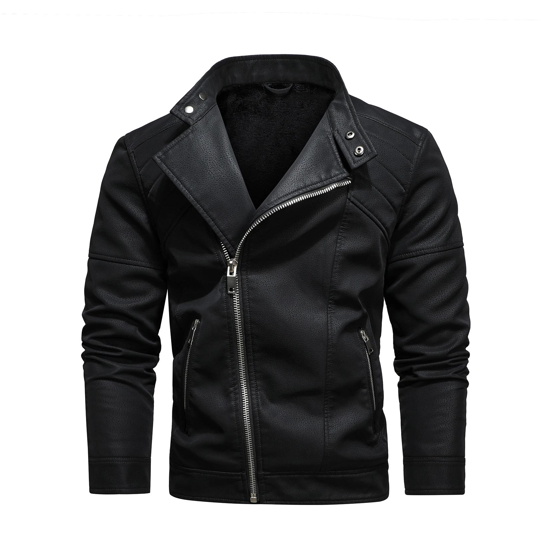 Veste en cuir PU pour hommes, avec polaire, grand revers, fermeture éclair diagonale sur le devant,