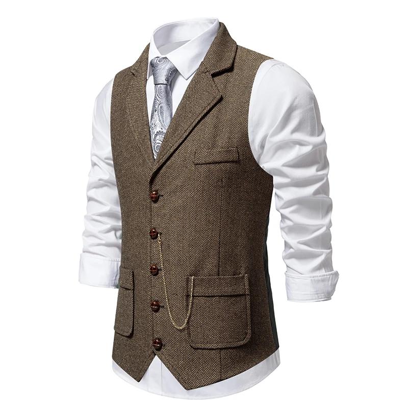 Gilet rétro à chaîne à revers pour hommes, mode chevrons, poches en Tweed grossier, gilet de costume