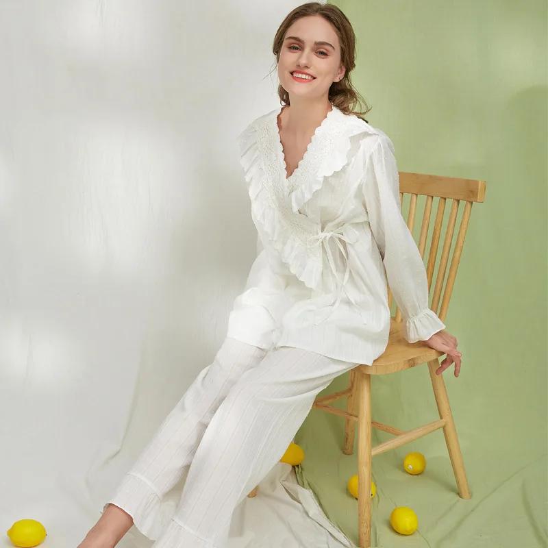 Ensembles de pyjamas en coton à col en V pour femmes, cardigan à manches longues, vêtements de nuit
