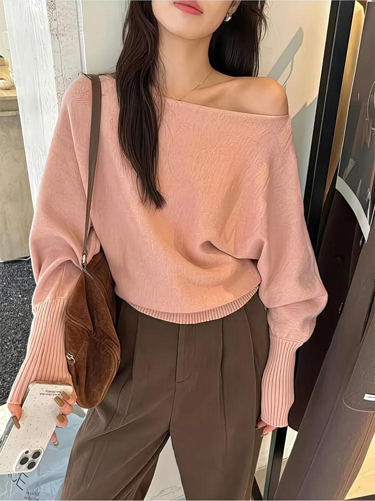 Batwing – Pull tricoté à manches longues pour femme, haut épais à épaules dénudées, mode coréenne, a