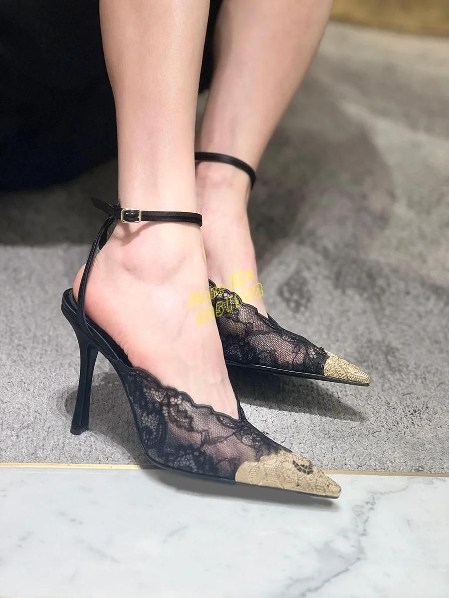 Escarpins sexy à bout pointu en dentelle avec bride de cheville à boucle, talon aiguille, rose et no