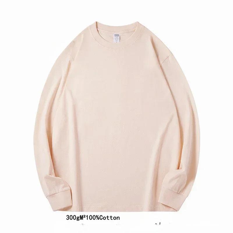 T-shirt à manches longues en pur coton robuste, 300g, haut blanc en peluche, couche de Base épaisse