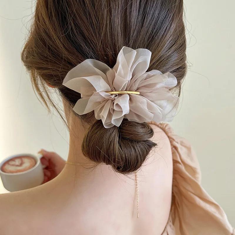 Grand printemps pinces à cheveux femmes métal mousseline de soie fleurs élastique pour queue de chev