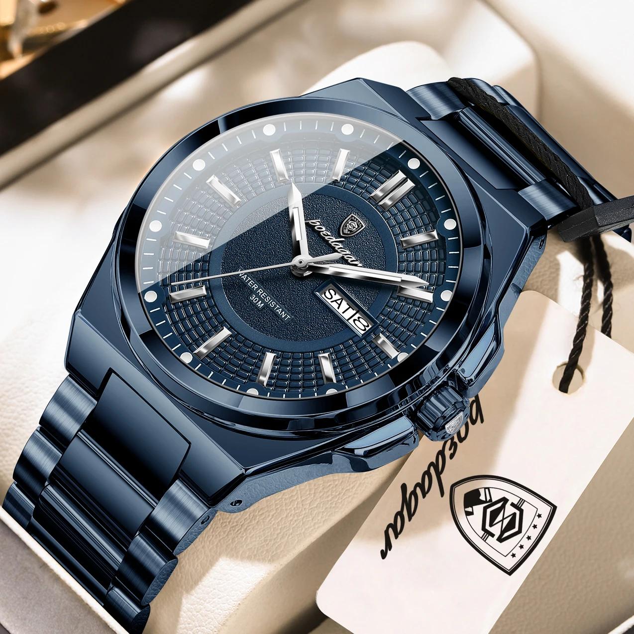 POEDAGAR Top Business hommes montre-bracelet en acier inoxydable étanche lumineux décontracté homme