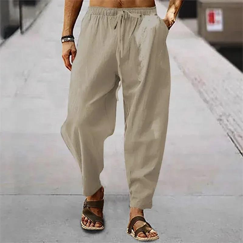 Nouveaux hommes coton lin pantalon été et automne solide taille haute pantalon à jambes larges mâle