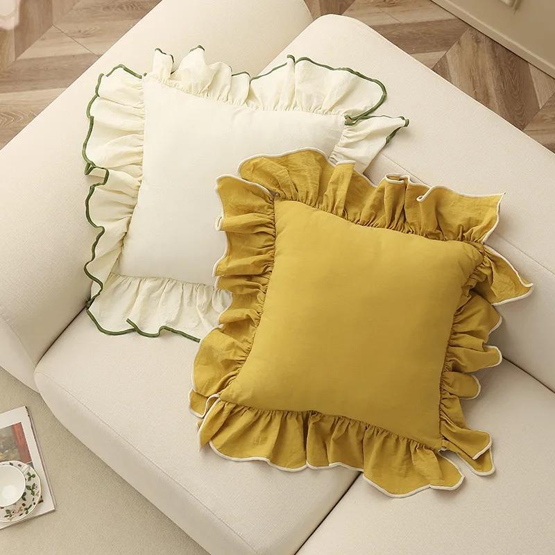 Juste de coussin en coton à volants pour canapé, taie d'oreiller décorative, beige, rose, princesse,