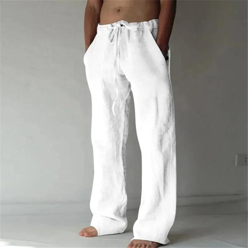 Pantalon Long en coton et lin pour hommes, couleur unie, respirant, décontracté, taille élastique, H
