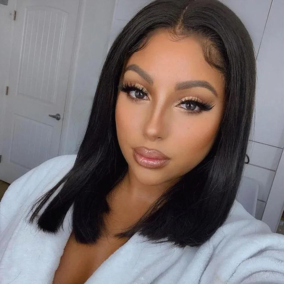 Perruque Bob Lace Wig Remy Brésilienne Naturelle, Cheveux Lisses, Partie T, Sophia, Courte, 4 Pièces