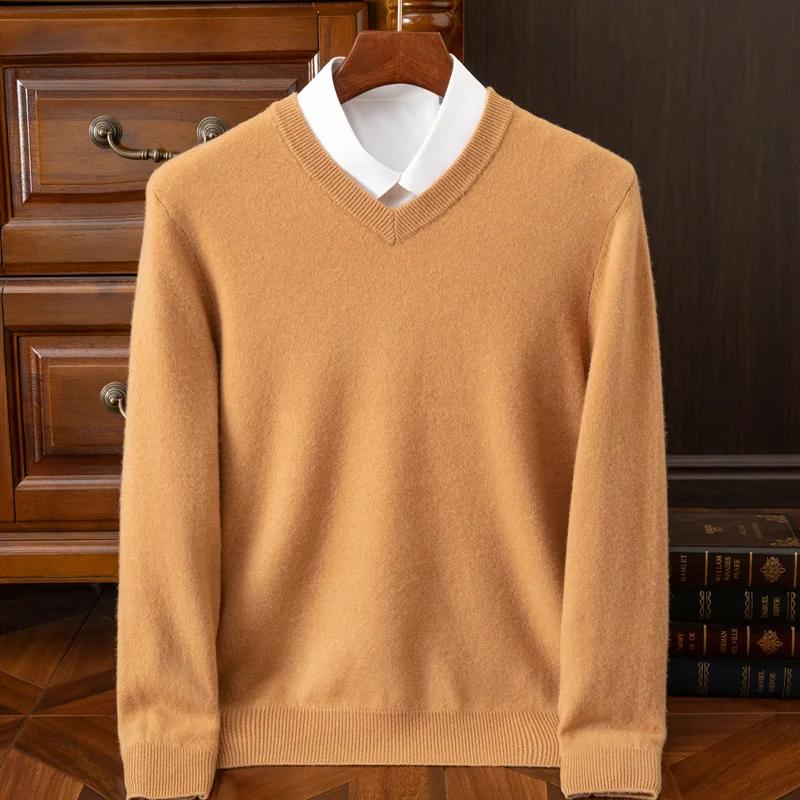 2025 hommes 100% laine mérinos cachemire col en v pull pull intelligent décontracté basique à manche
