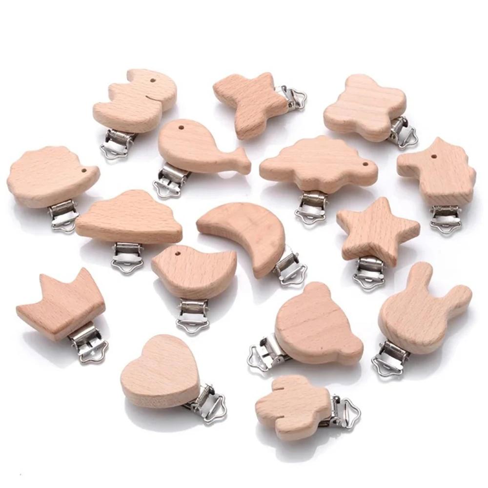 Sucette en bois de hêtre pour bébé, 5 pièces, sucette animale en bois de hêtre, support à Clips méta