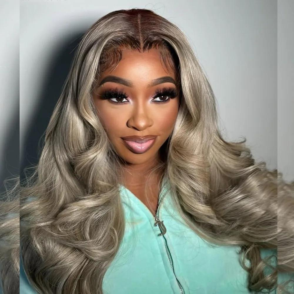 Perruques Lace Front 13x4 Ombré Blond avec Racines Colorées pour Femmes, Cheveux Humains Ondulés Omb