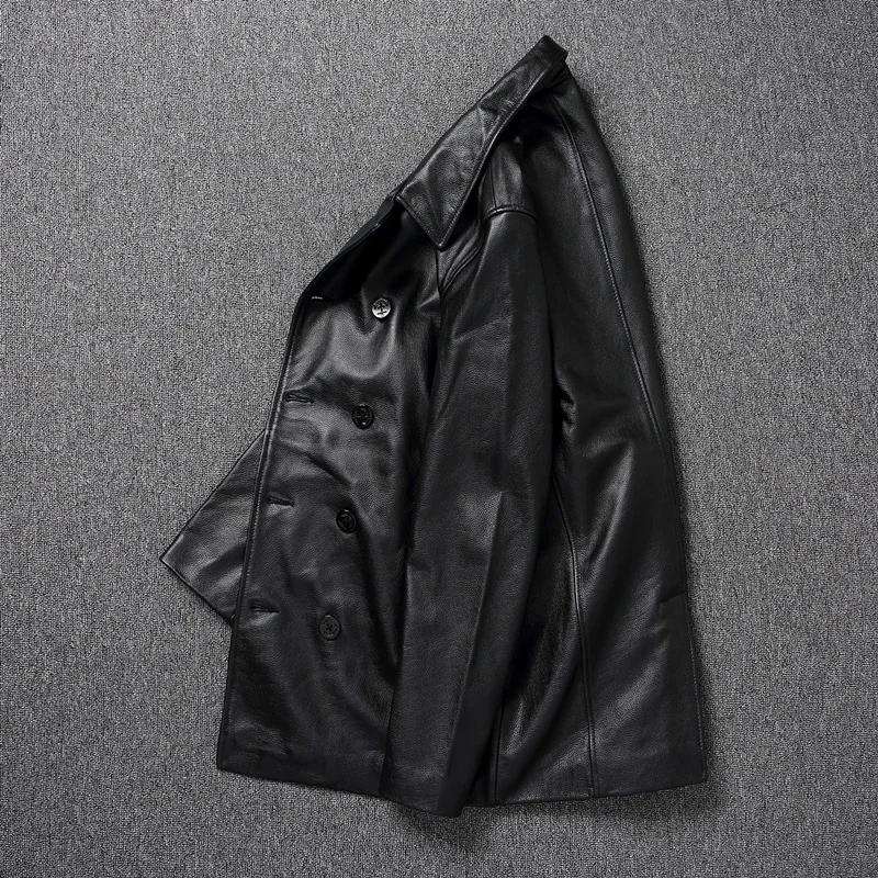 LNY Shop Top-Veste en cuir véritable pour homme, manteau d'affaires long en cuir de cercle noir, par