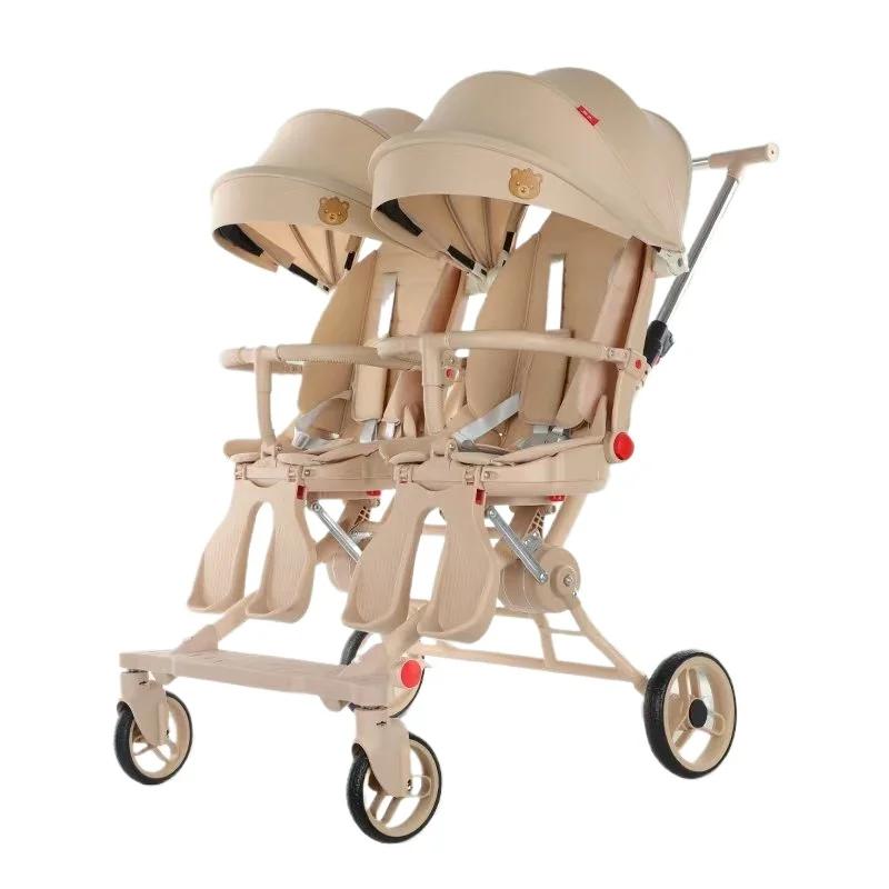 Poussette double réversible Cadre 4WD en acier au carbone avec auvent UV, landau pliable à une m